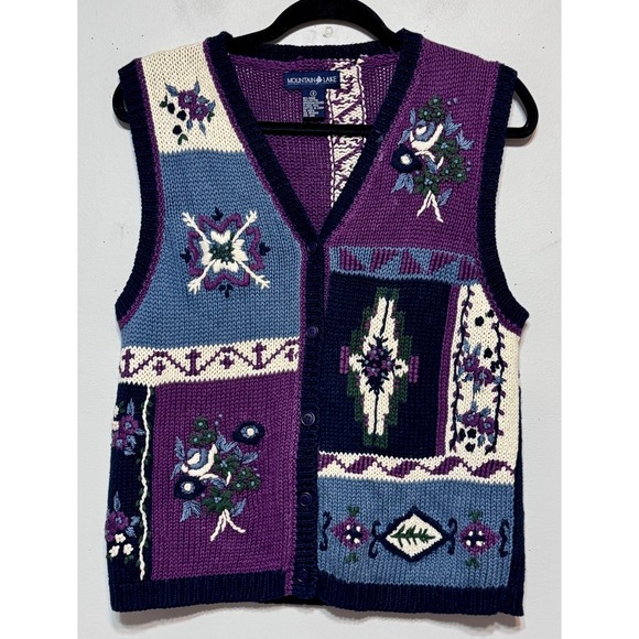 Mountain Lake Sweaters - Vintage Mountain Lake Cottagecore Patchwork Knit Vest Small Whimsical Fairycore